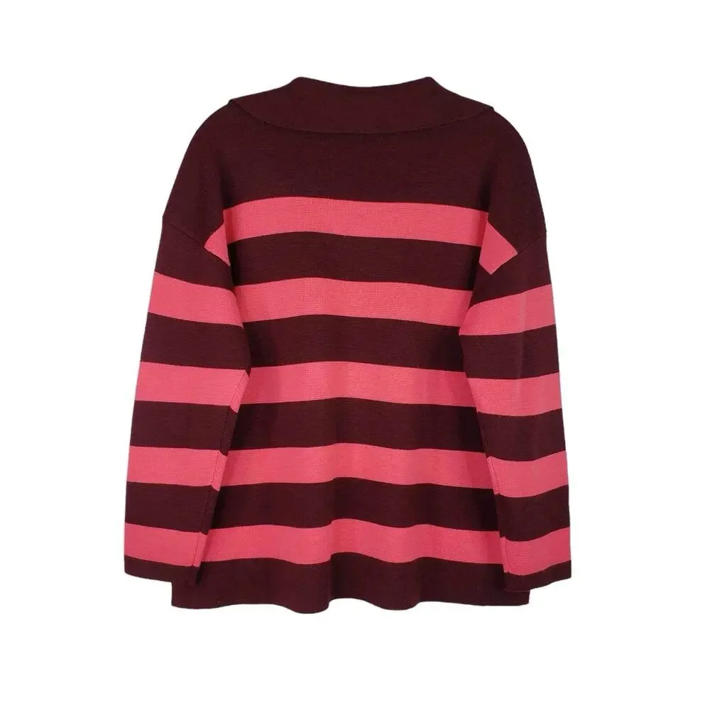 Talbots Sweater Women's Plus Size 1X Petite Pink Maroon Striped LS Collared